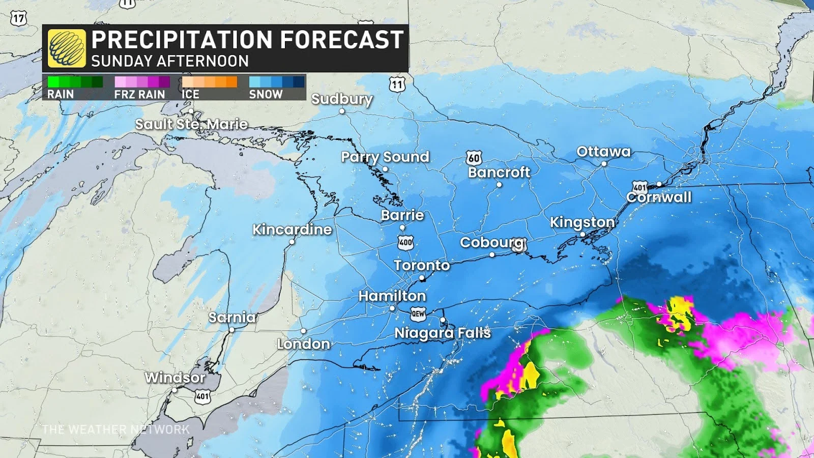 Ontario forecast precipitation Sunday afternoon - Feb. 16, 2025