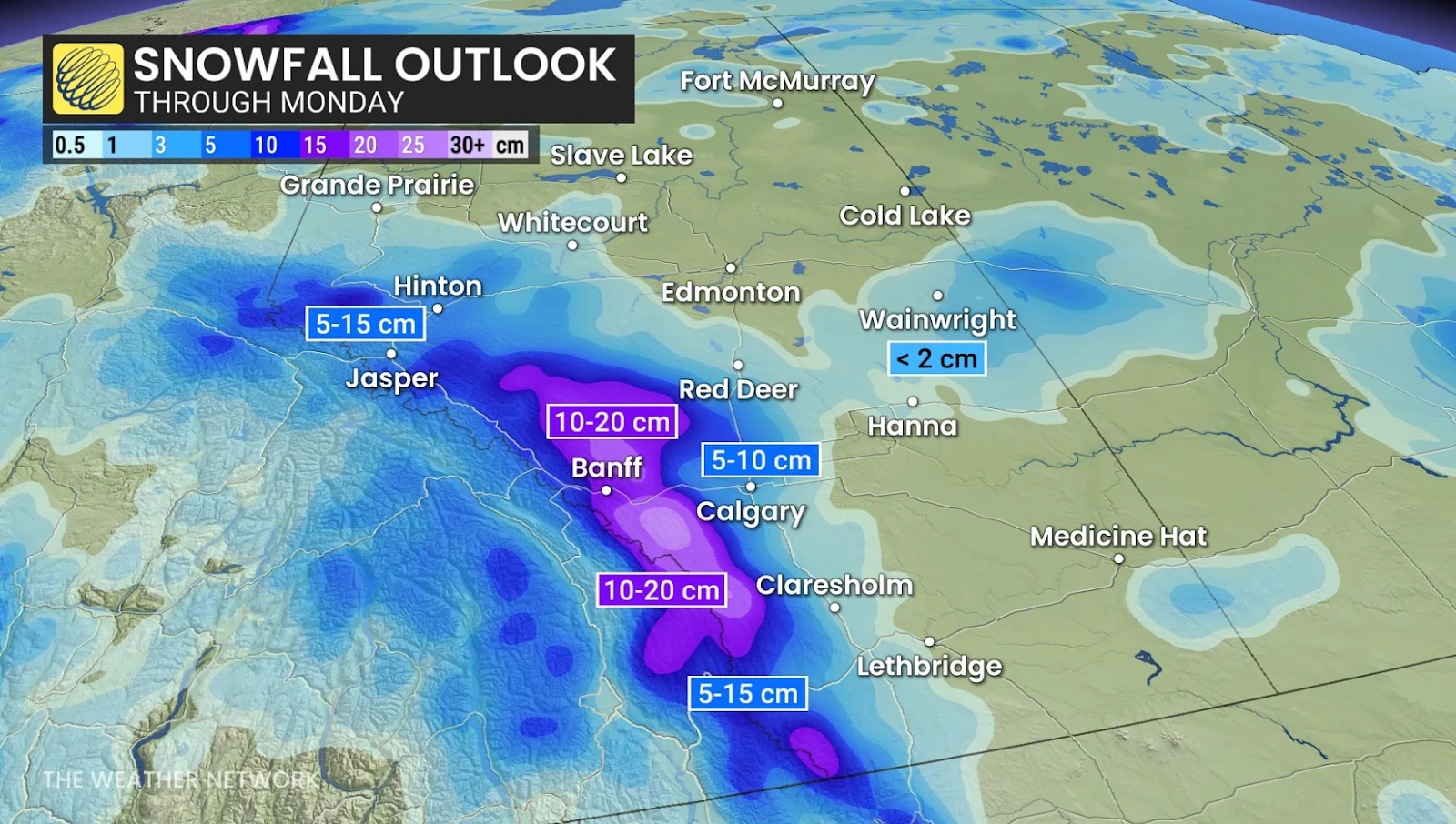 Alberta snowfall outlook through Monday