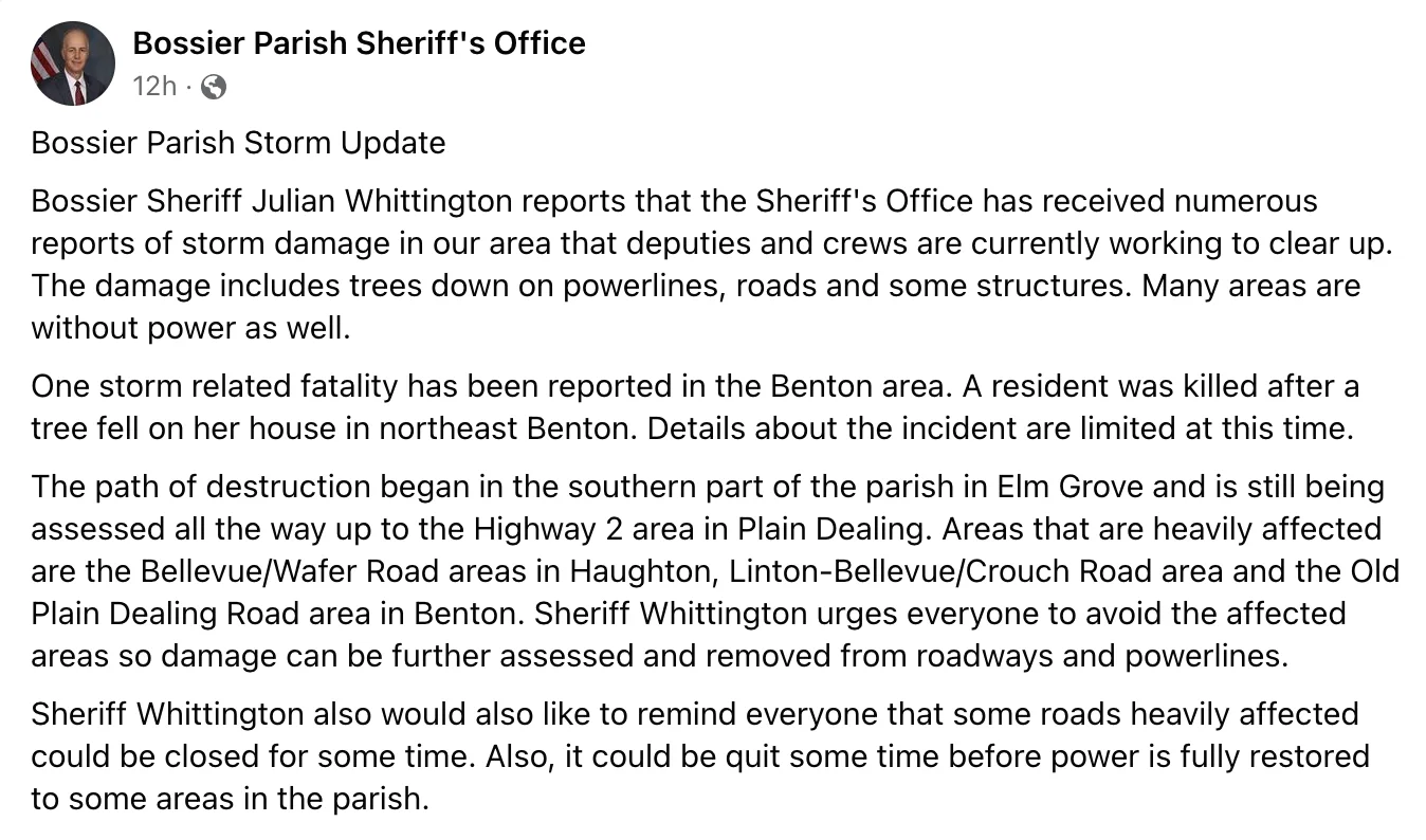 Bossier Parish Sheriff's Office/Facbeook: Beryl impacts. Link: https://www.facebook.com/bossiersheriff/posts/pfbid02dt3mC5qhvr1cExu5aFdcxcZNav9RcrjmrUFiPjjFwNnXwj9674u5gAeLiuRfMn2Wl?ref=embed_page