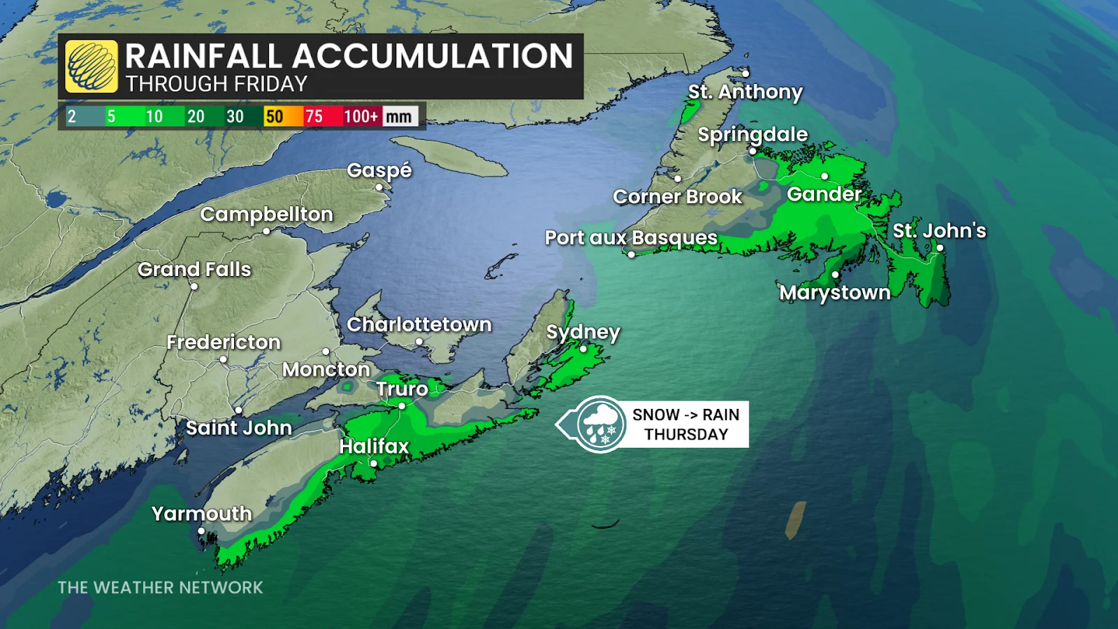 Atlantic Canada Thursday Friday forecast rainfall totals - Dec. 31, 2025
