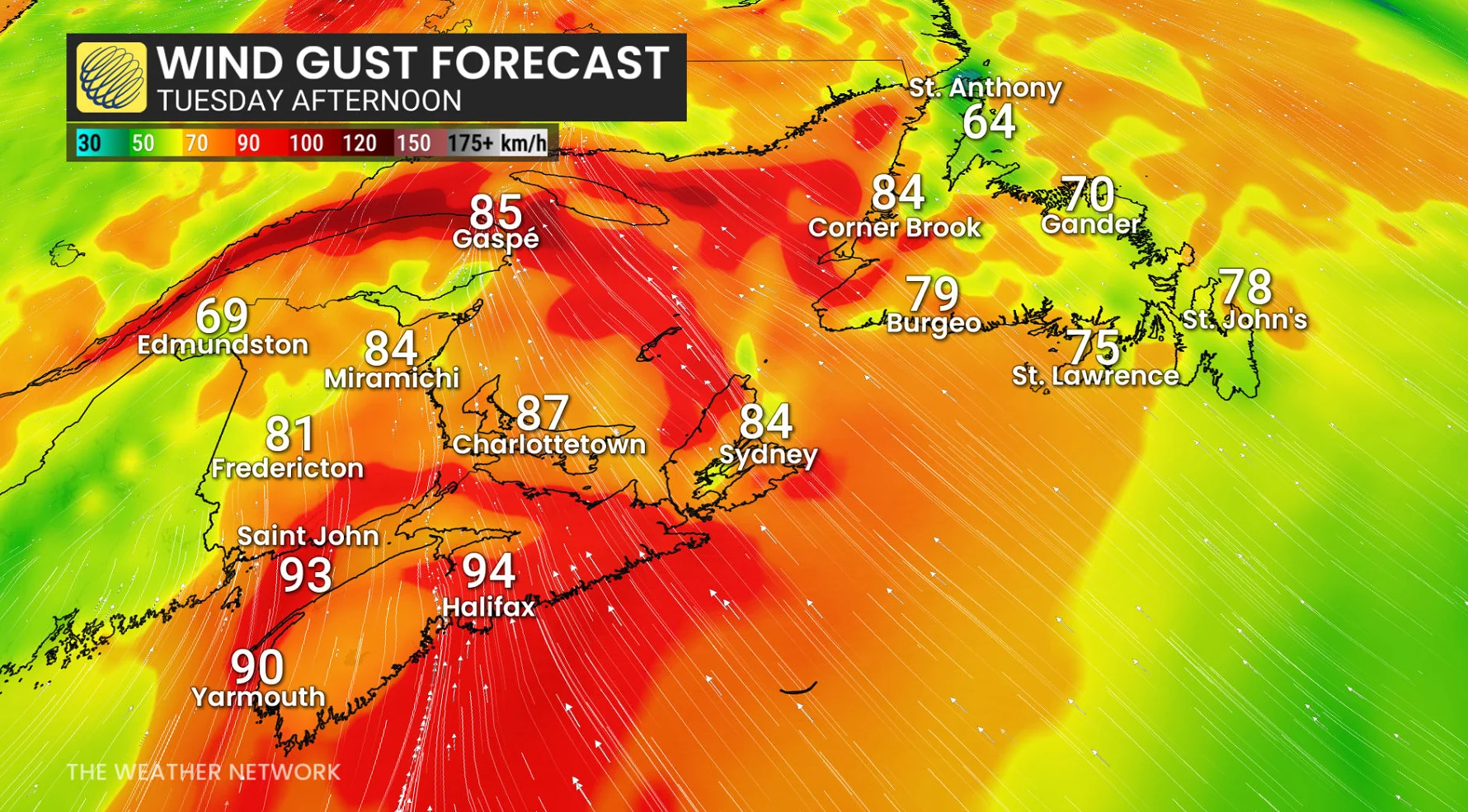 Atlantic Canada wind gusts Tuesday afternoon