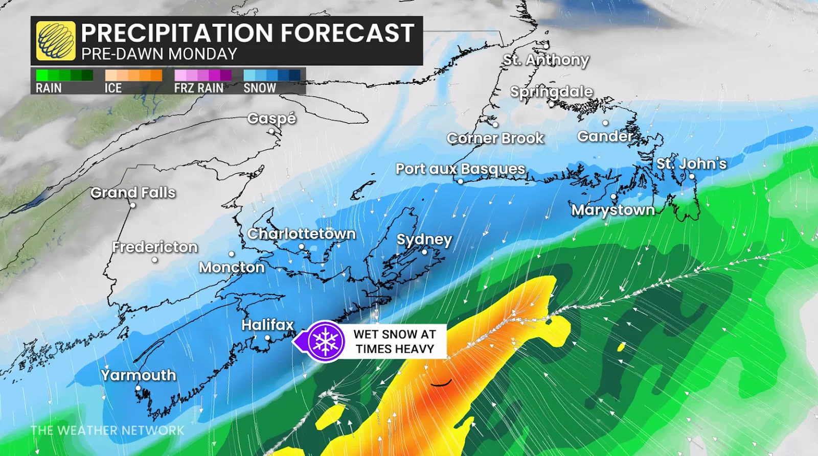 Atlantic Canada precipitation pre-dawn Monday