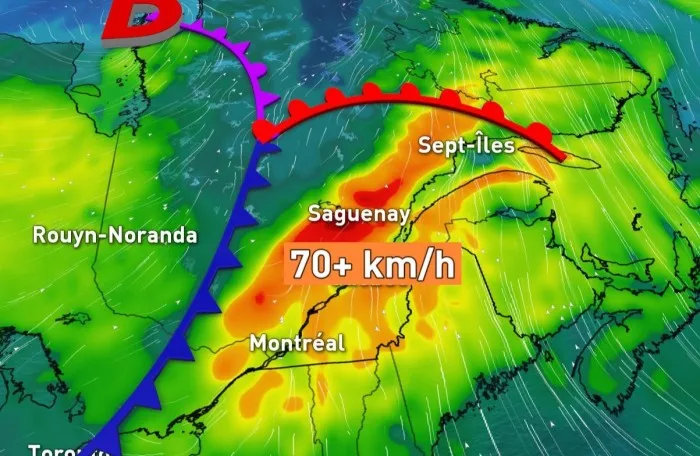 Jusqu'à 75 mm de pluie, avec rafales à 70+ km/h et risque de tornades