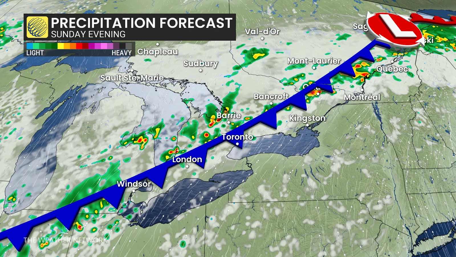 Ontario precipitation forecast Sunday evening