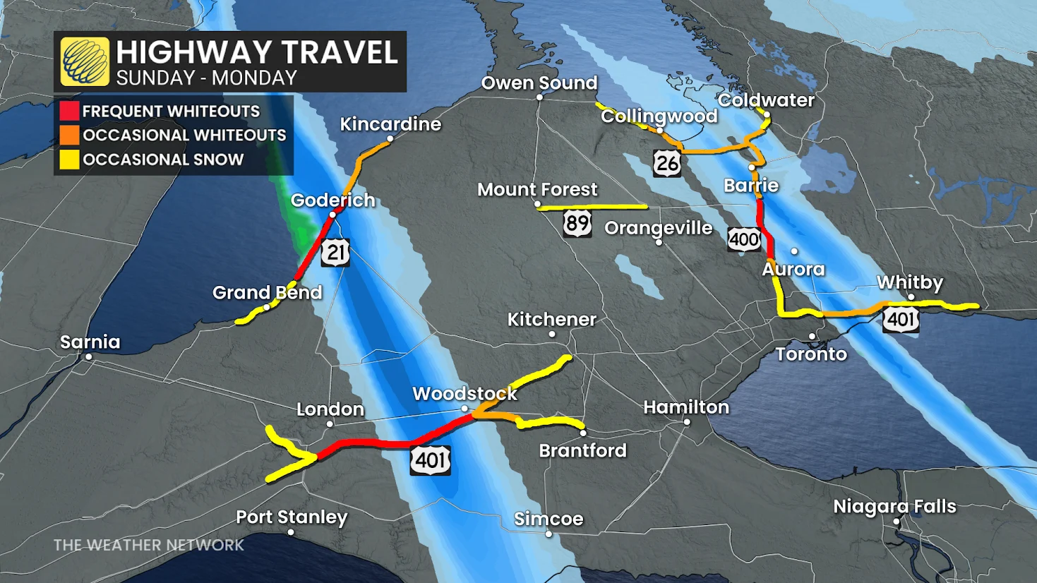 Ontario highway travel Sunday to Monday/snow zones