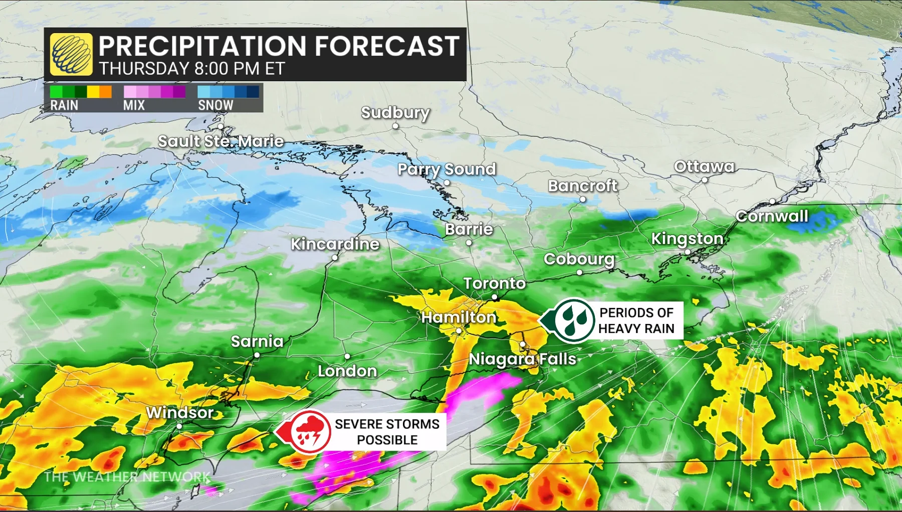Ontario precipitation timing Thursday evening