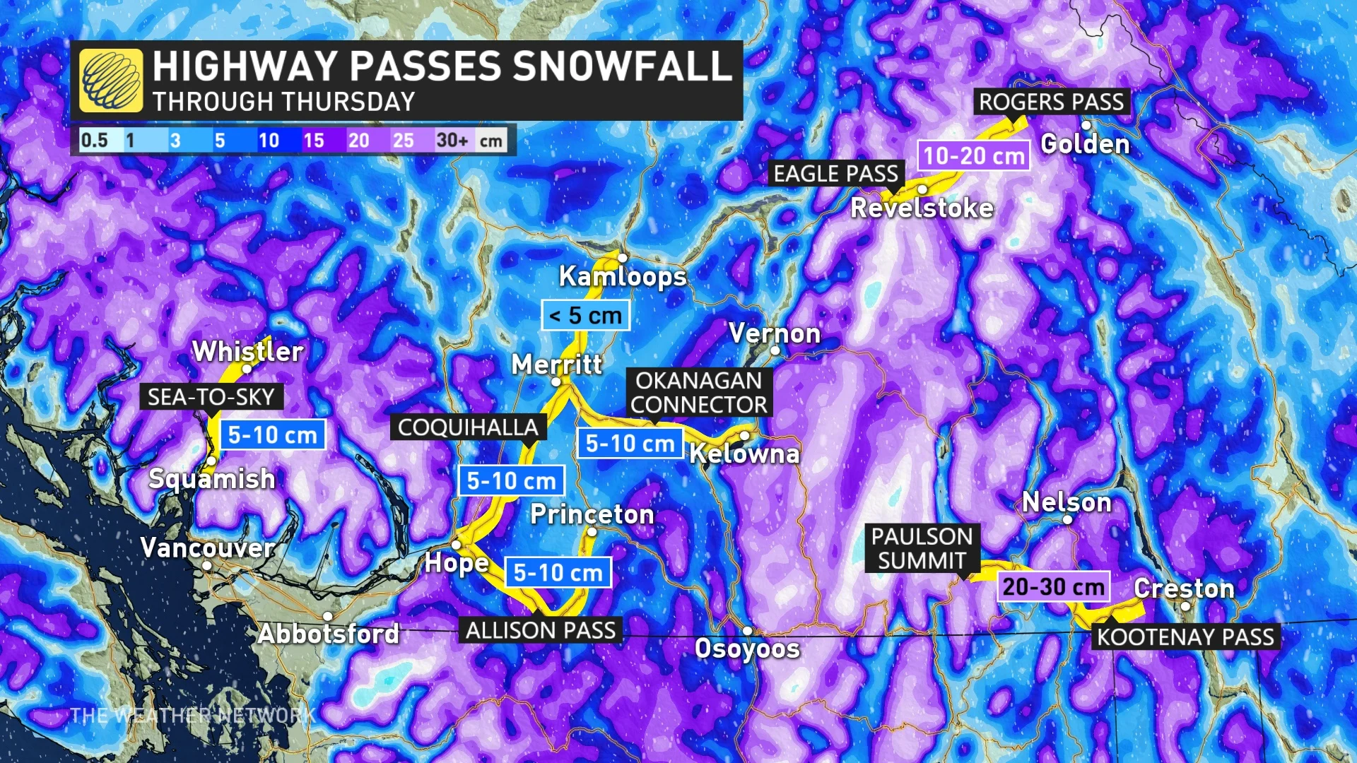 B.C. highway passes snowfall through Thursday