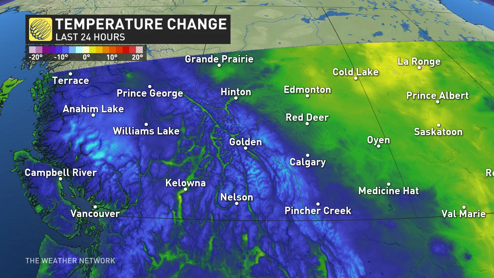 Western Canada temperature change in last 24 hours_Aug. 28