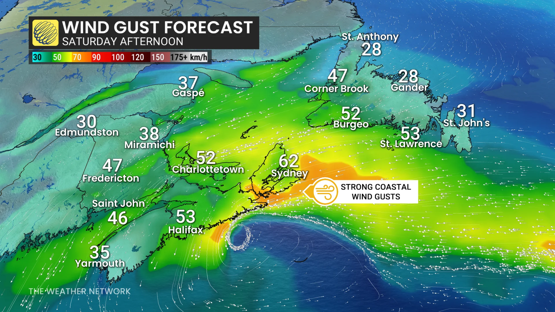 Atlantic Canada wind gusts Saturday afternoon