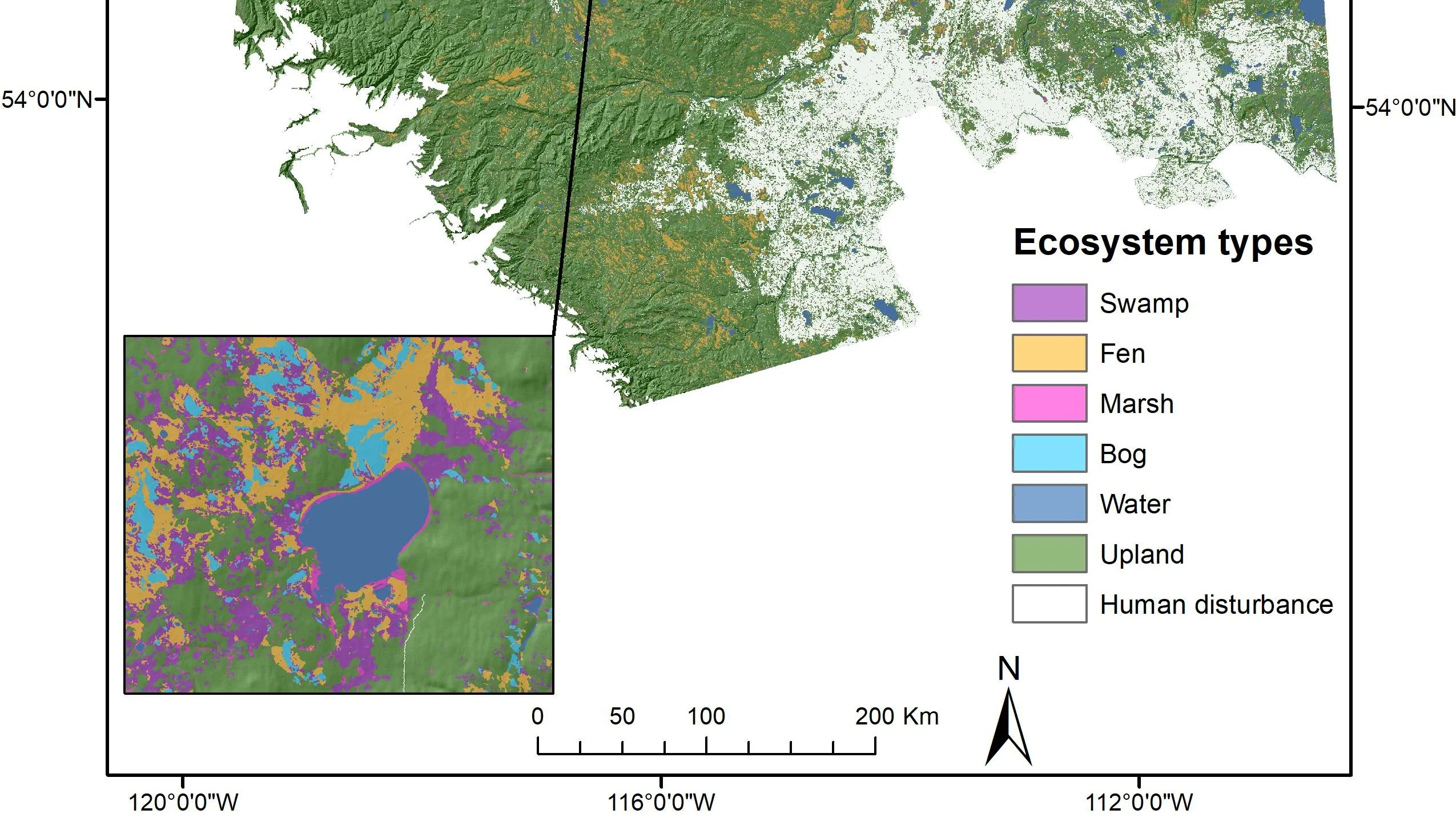 Location of uplands and wetlands in AB boreal w zoomed in map