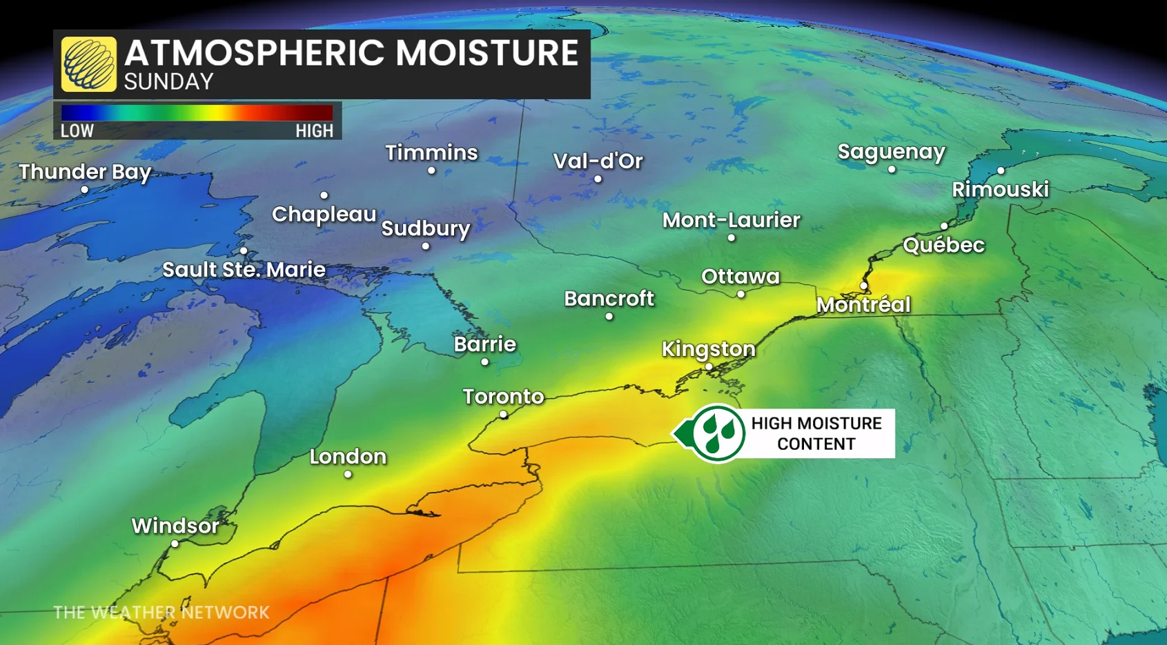 Ontario atmospheric moisture Sunday