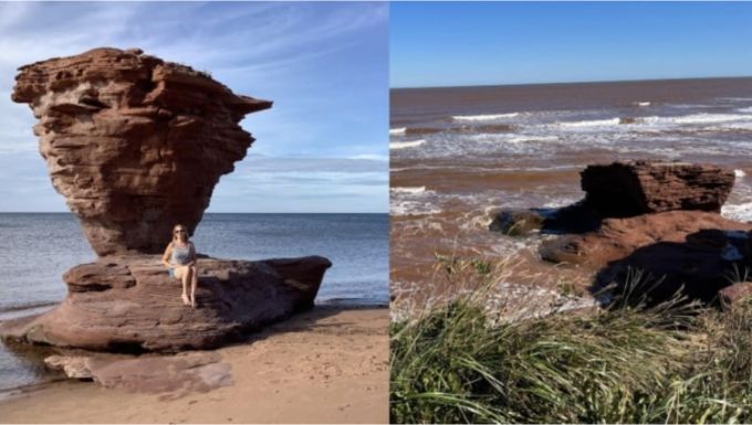 CBC: These shots from Marg Chisholm-Ramsay show Teacup Rock and the remnants of the rock on Sunday. (Submitted by Marg Chisholm-Ramsay)
