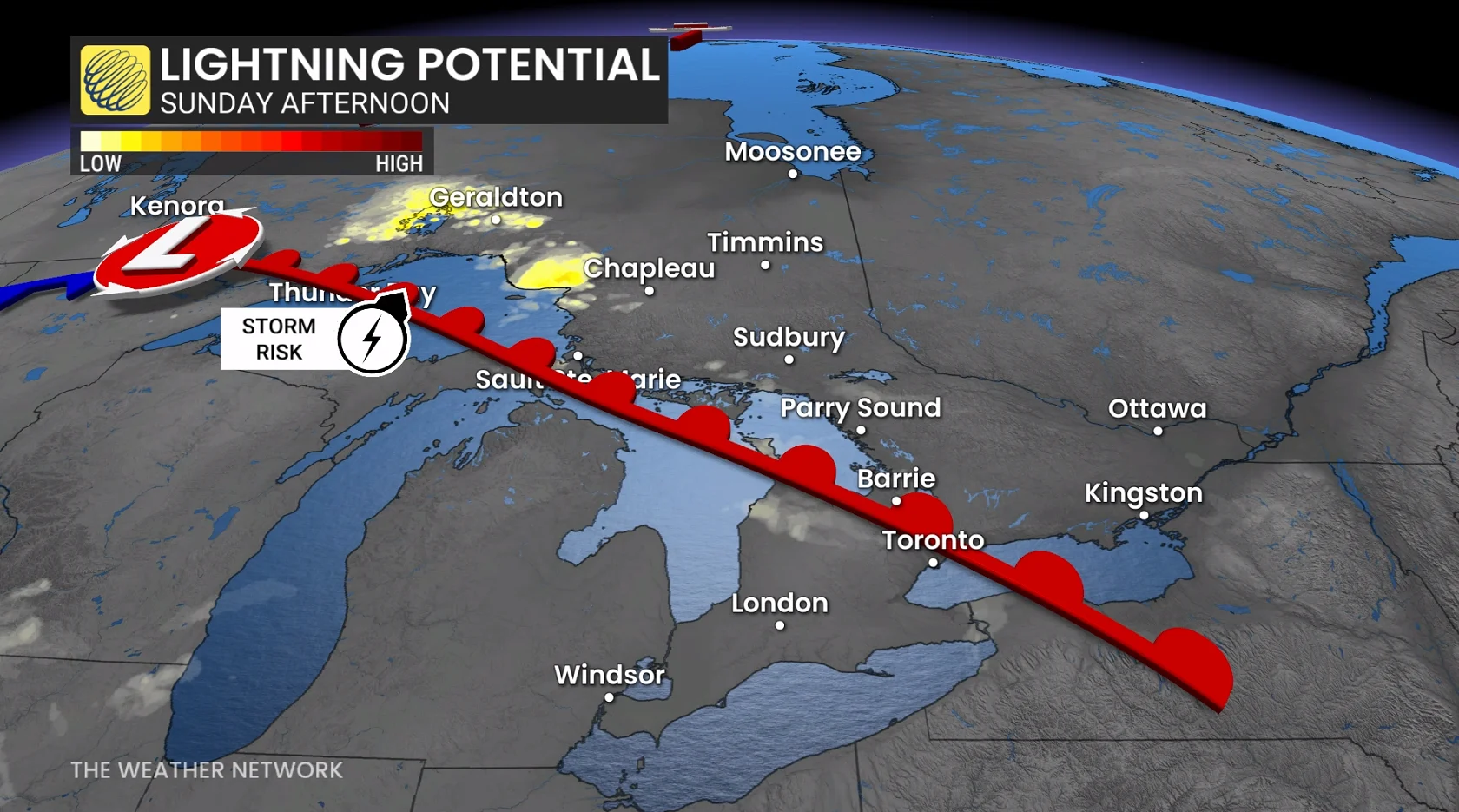 Ontario lightning potential Sunday afternoon