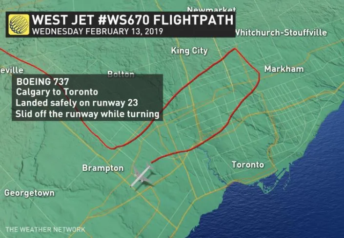 WestJet flight slides off Pearson taxiway, stuck in snow