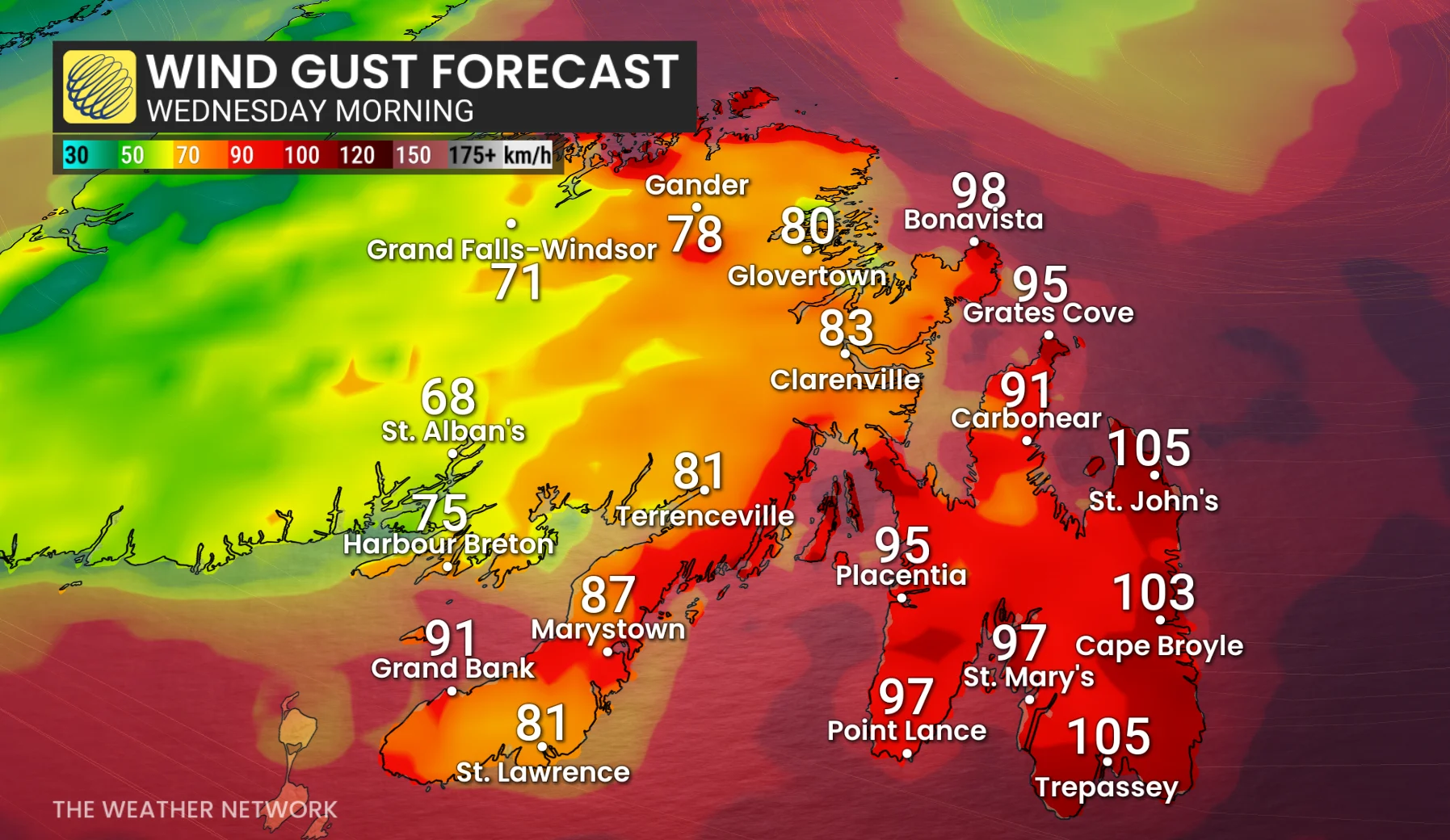 Atlantic Canada wind gust forecast Wednesday morning