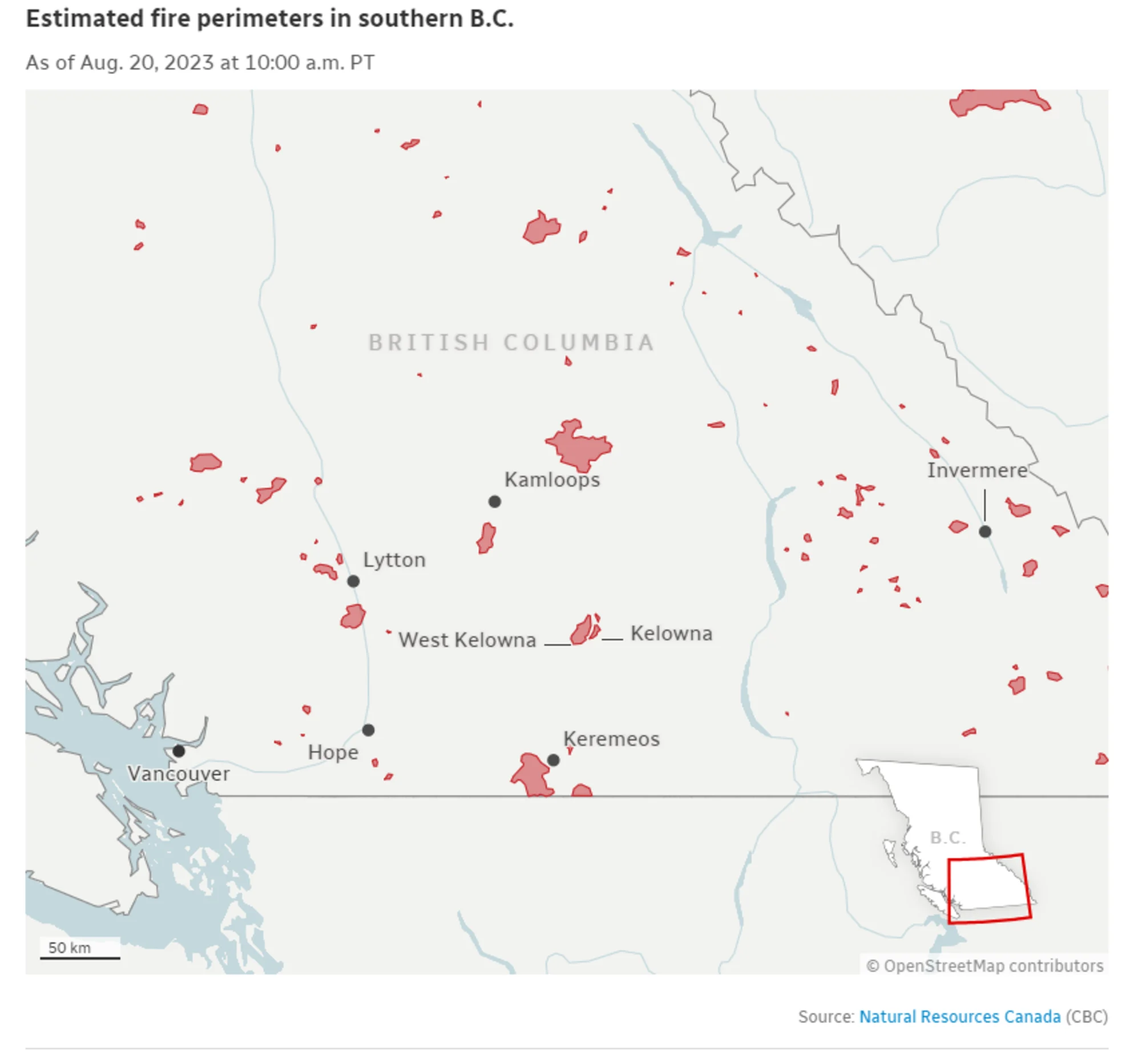 CBC - estimated fire perimeters in southern BC - Aug.20