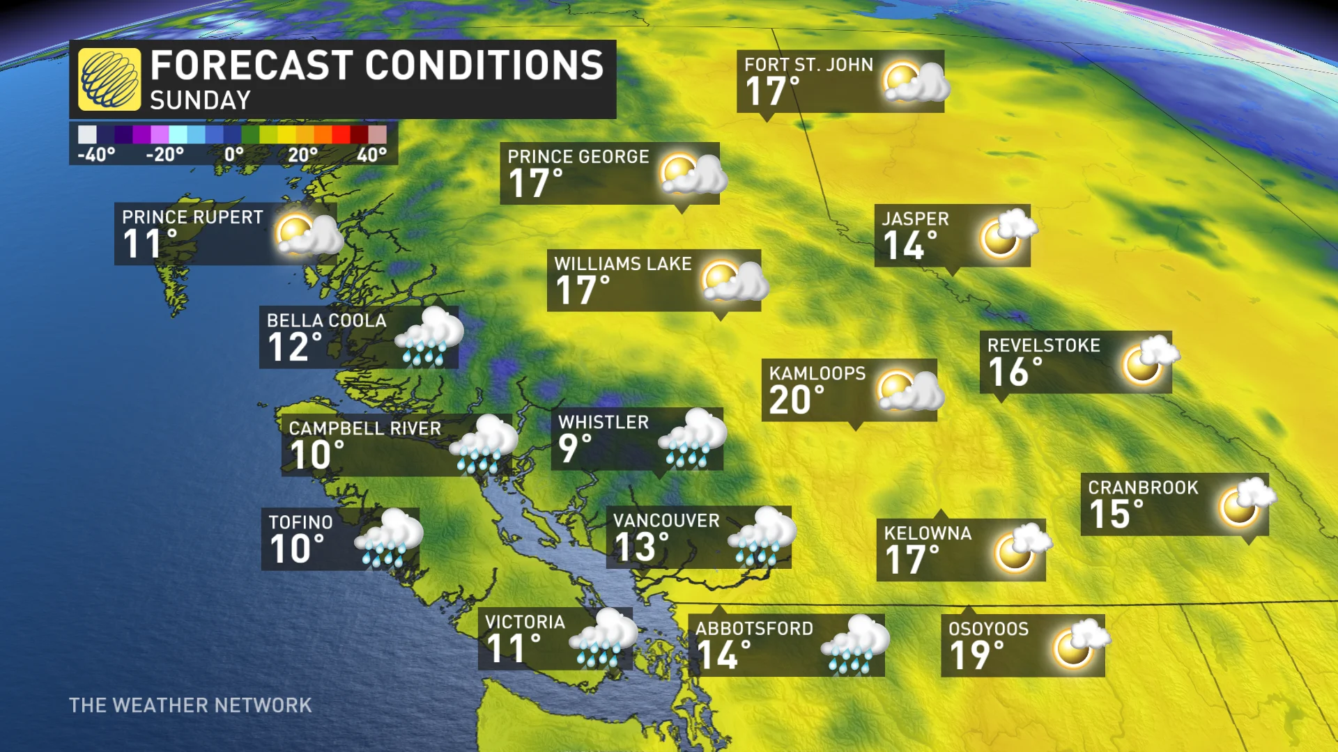 B.C. South Coast + Interior Sunday temperatures and icons