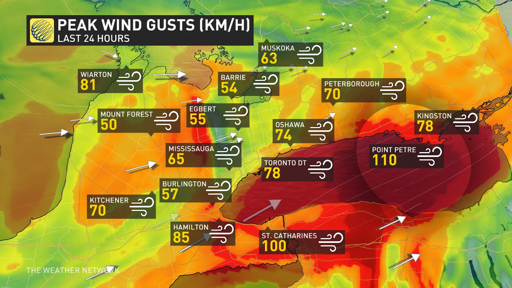 Ontario peak wind gusts - updated - Jan. 27, 2025