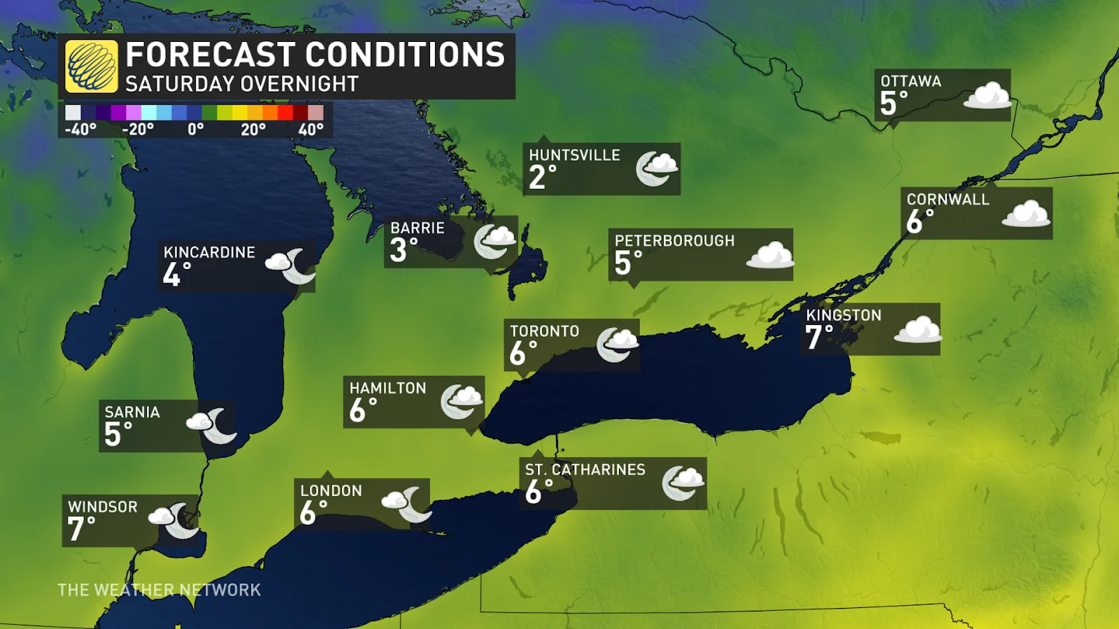 Ontario Saturday night forecast conditions and temperatures - April 30, 2025
