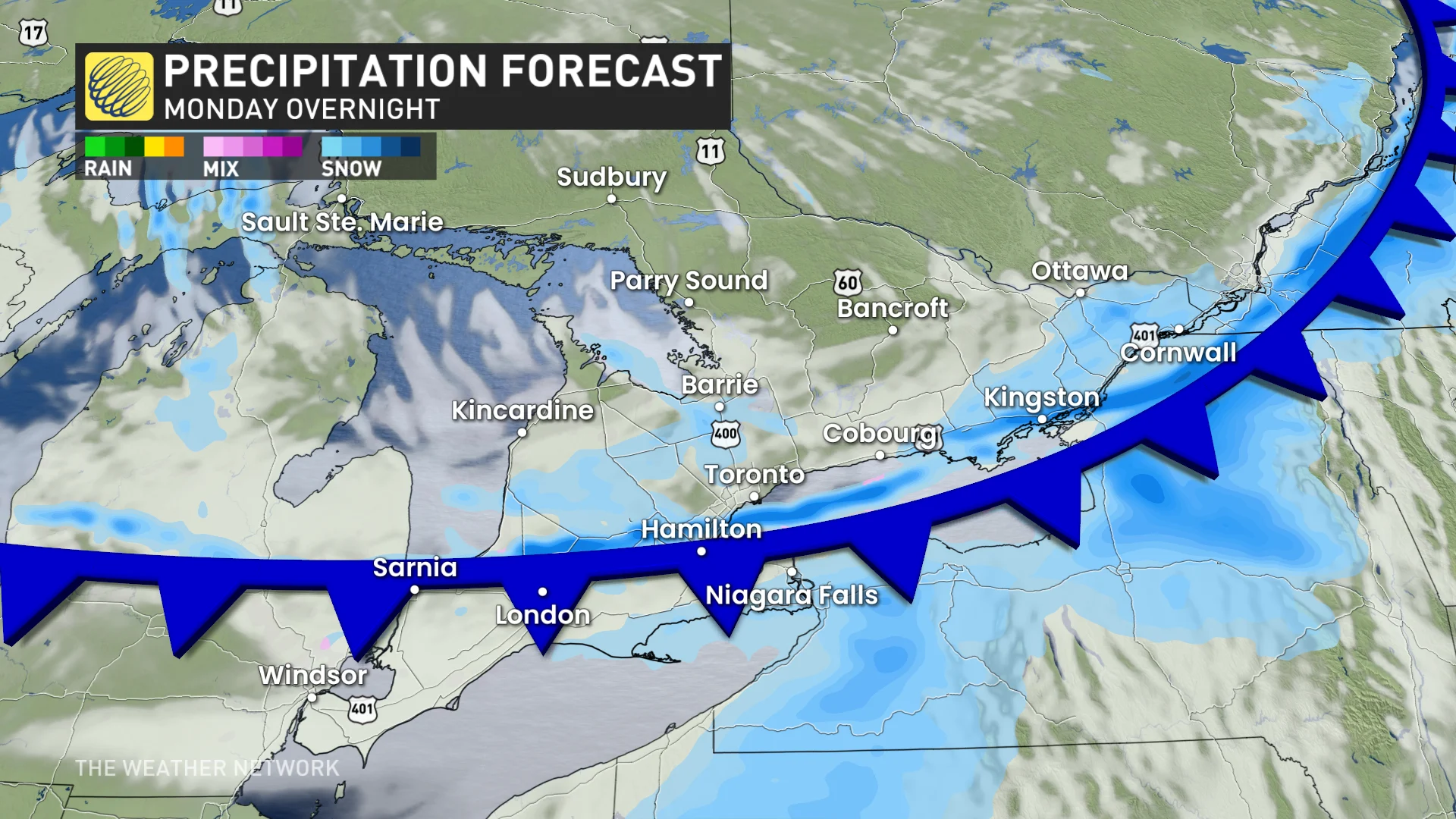 Monday overnight precipitation timing Ontario