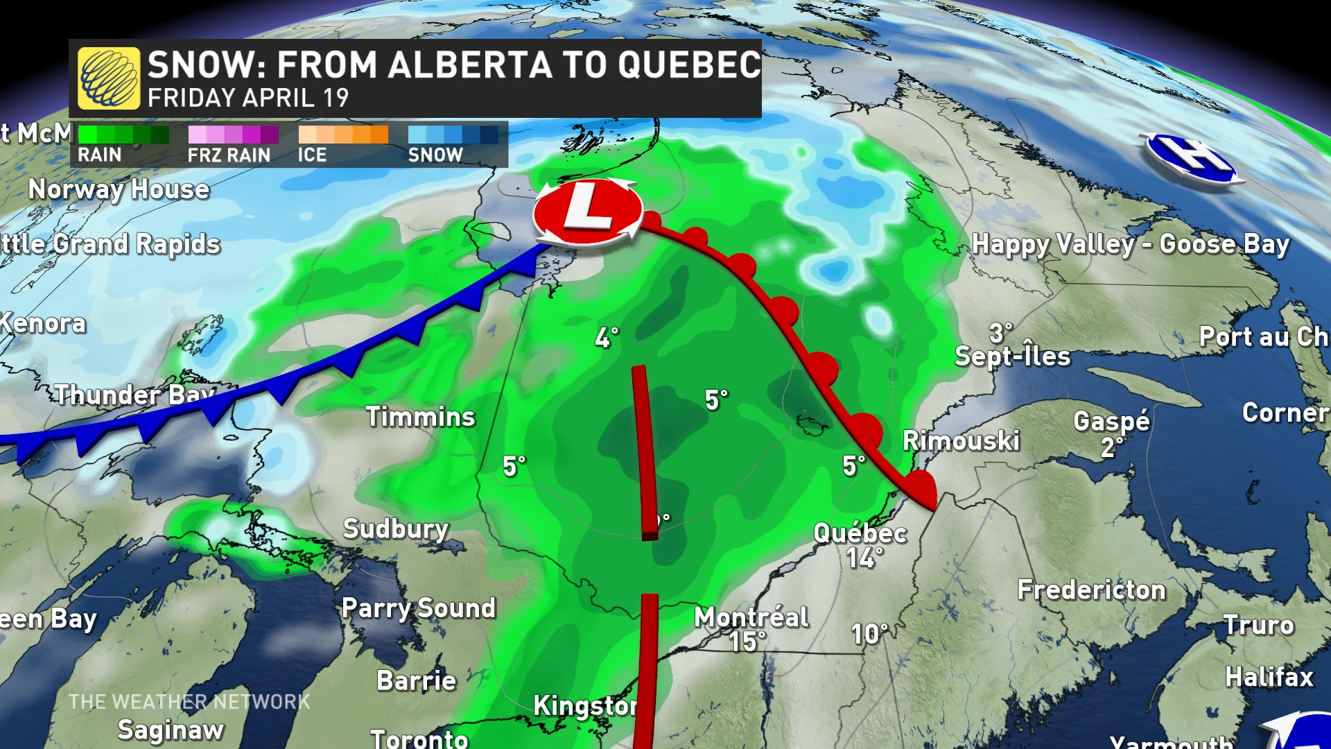 Quebec snowfall forecast - Friday rain for south, snow for north April 18, 2024 (1)