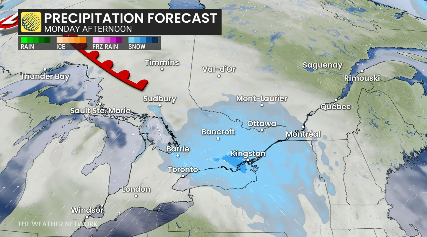 Ontario precipitation timing Monday afternoon