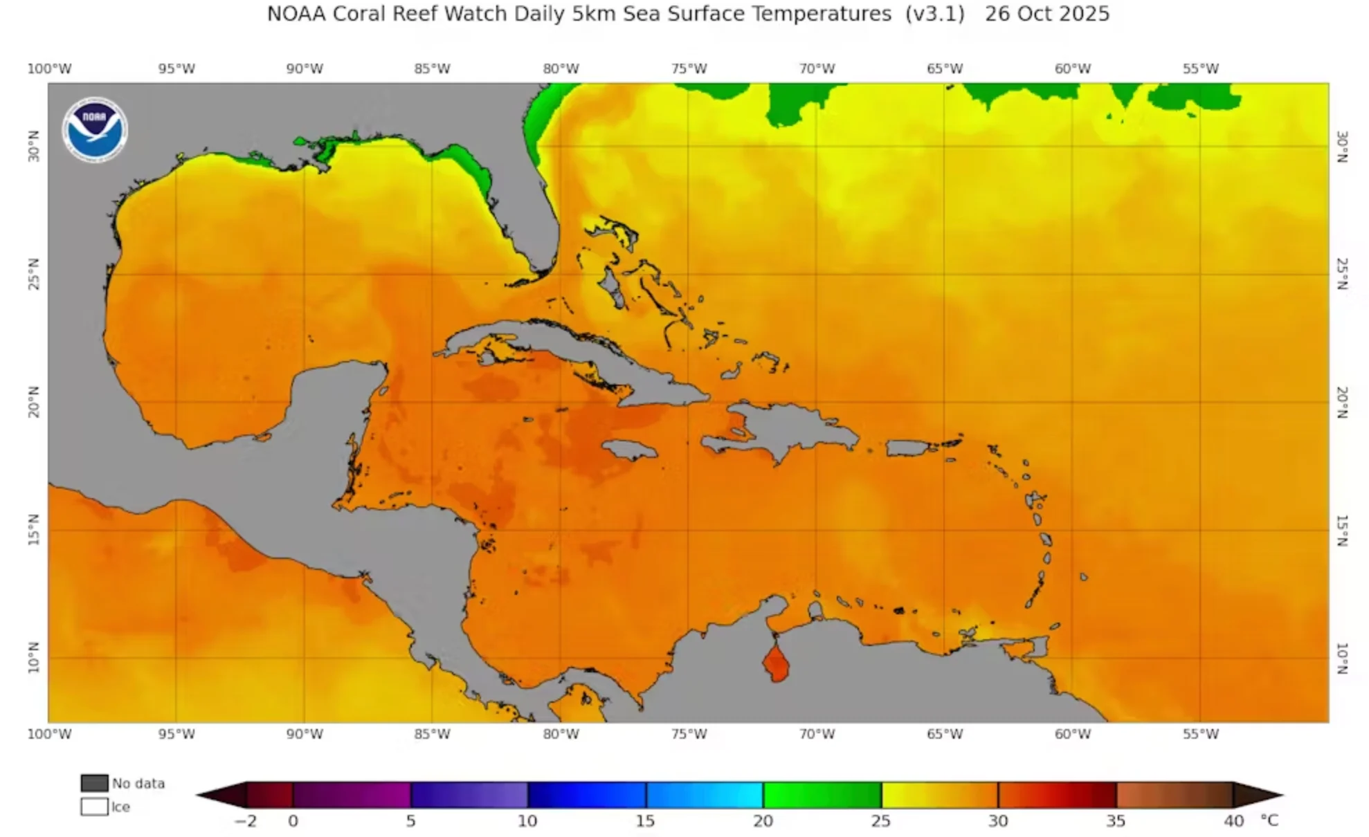 NOAA Coral Reef Watch: Hurricanes need ocean temperatures above about 80 degrees Fahrenheit (27 degrees Celsius) for a storm to gain enough energy to strengthen. The water south of Jamaica was much warmer than that while Hurricane Melissa meandered there, quickly gaining strength on Oct. 26, 2025. NOAA Coral Reef Watch