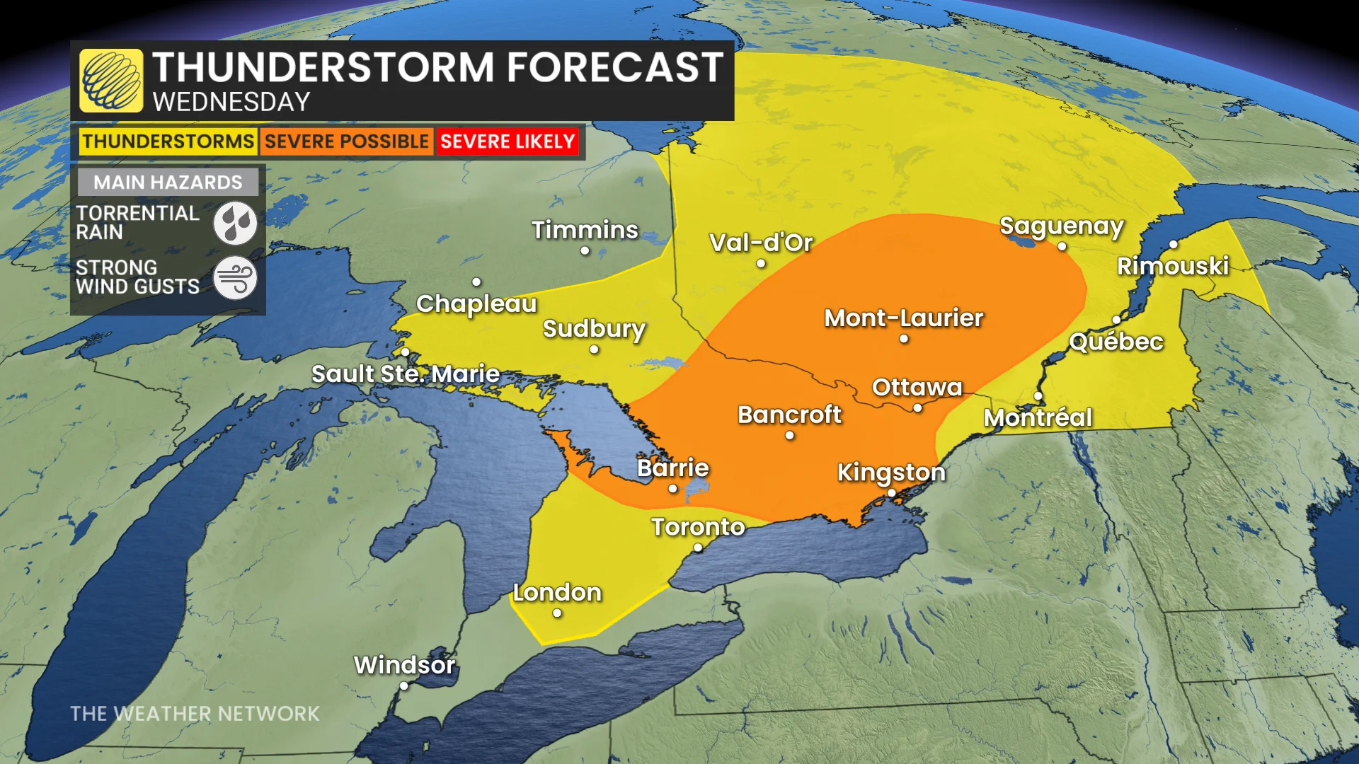 Ontario-Quebec storm risk map Wednesday