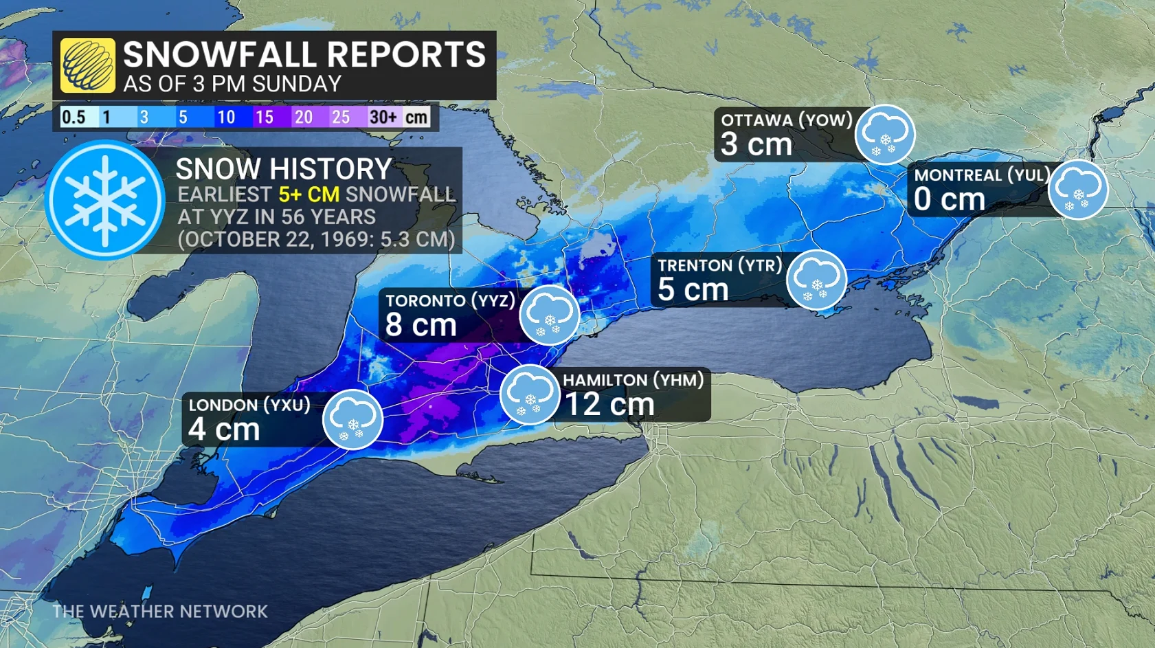 Ontario snow reports 3pm Sunday November 9 2025