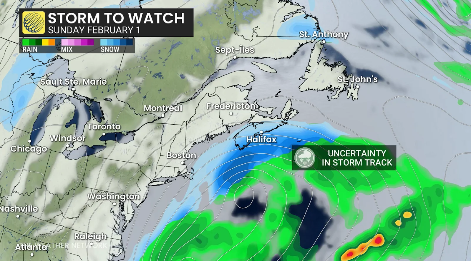 Atlantic Canada precipitation Sunday