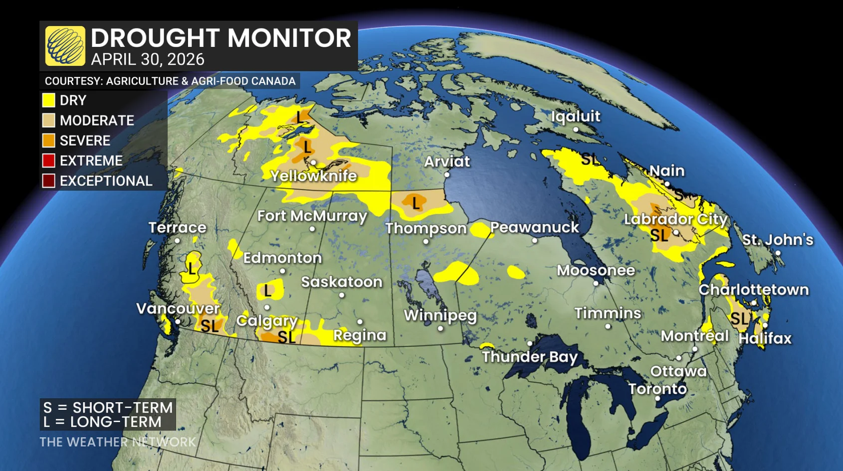 Canada drought monitor April 30, 2026/Agriculture and Agri-Food Canada