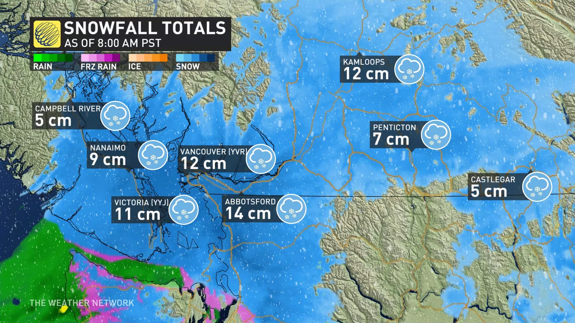 Baron - BC snow totals as of 8 am PST, Jan. 17, 2024