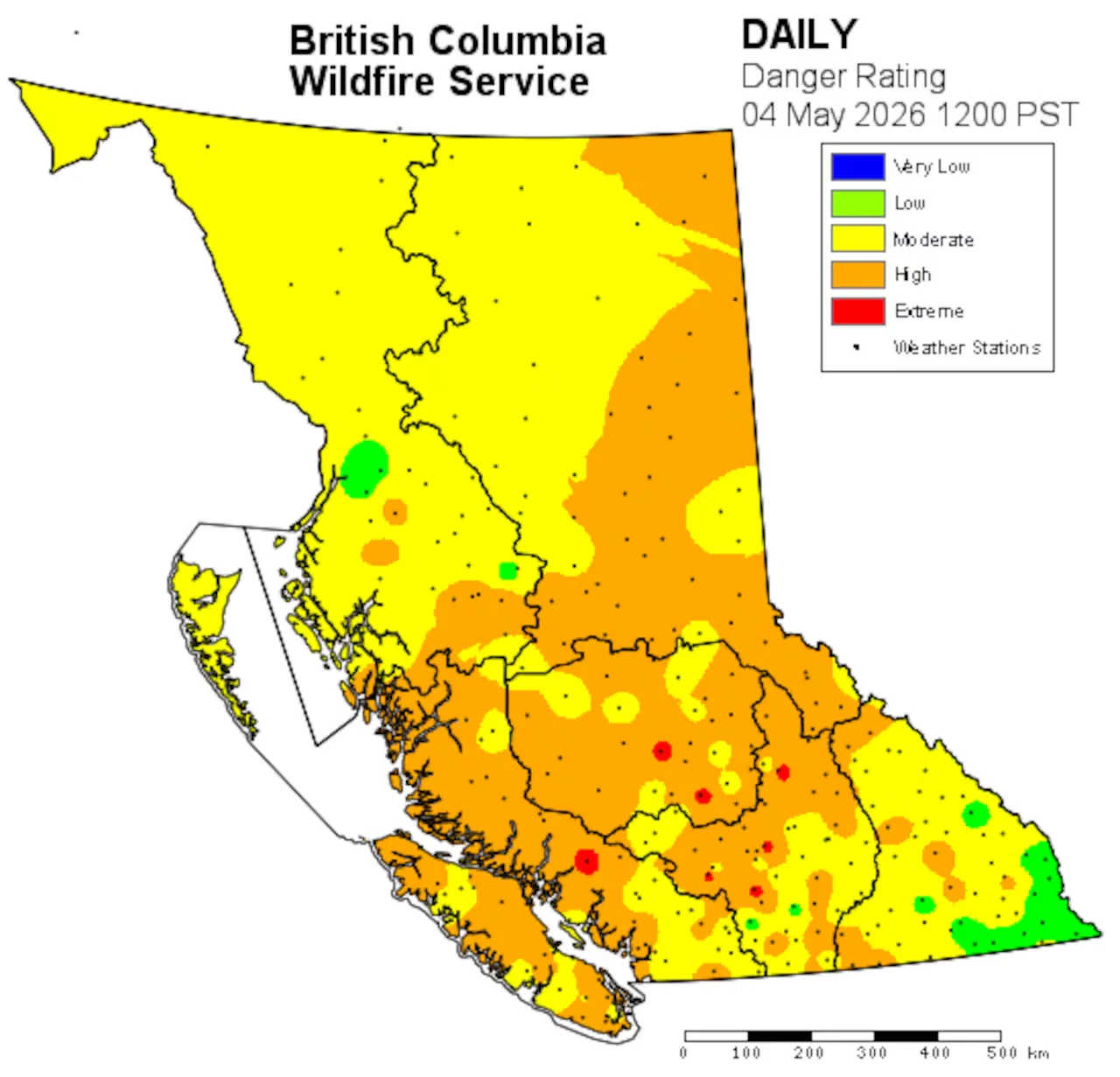 Across B.C.'s South Coast, the B.C. Wildfire Service says there's high fire danger in most regions (B.C. Wildfire Service via CBC)