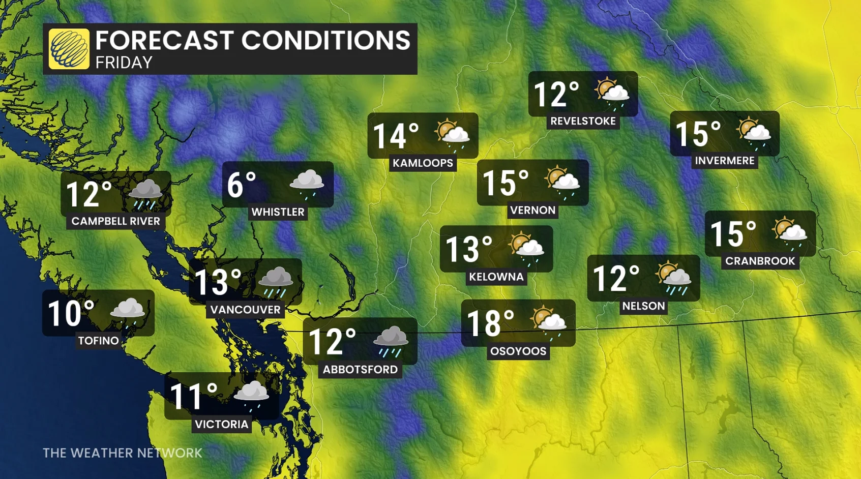 B.C. temperatures and icons Friday
