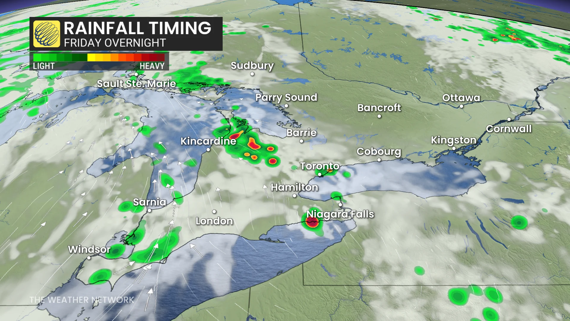 Friday overnight rainfall timing southern Ontario