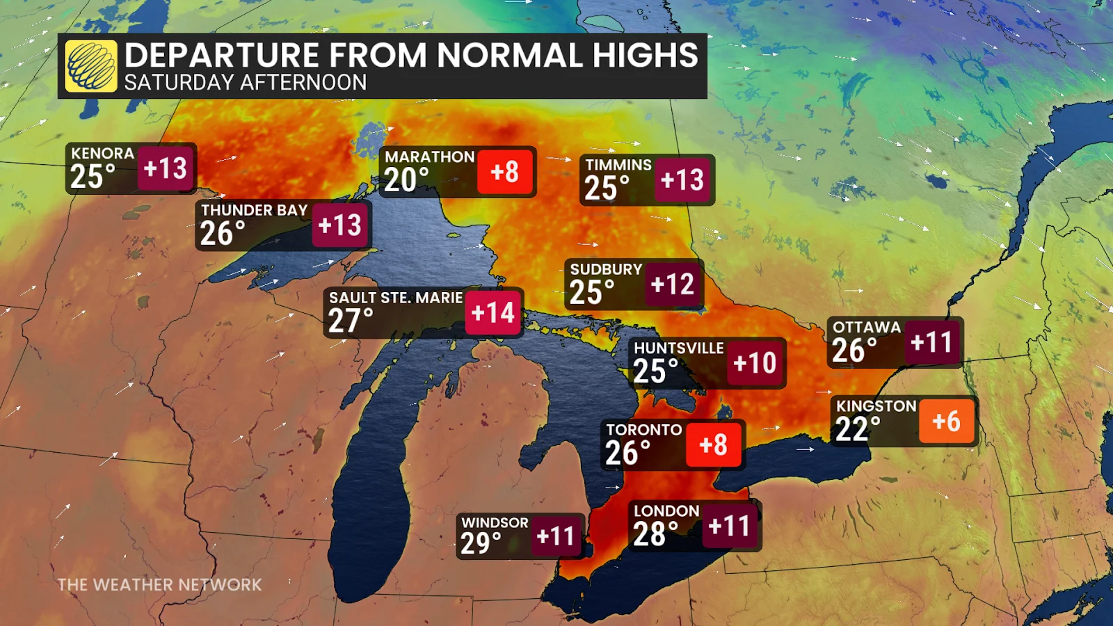 Ontario Saturday forecast high temperatures and departures from normal - Oct. 3, 2025