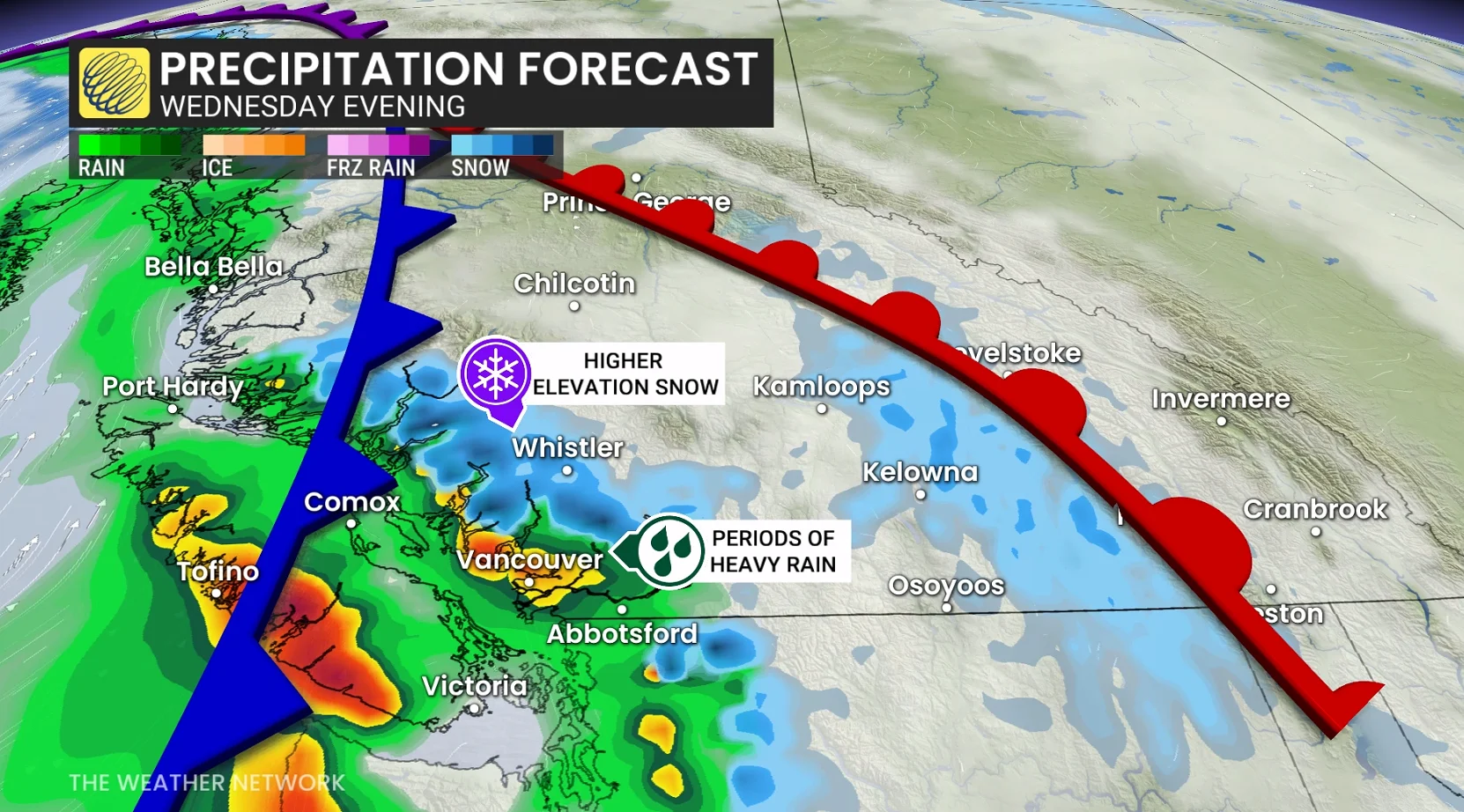 B.C. precipitation timing Wednesday evening