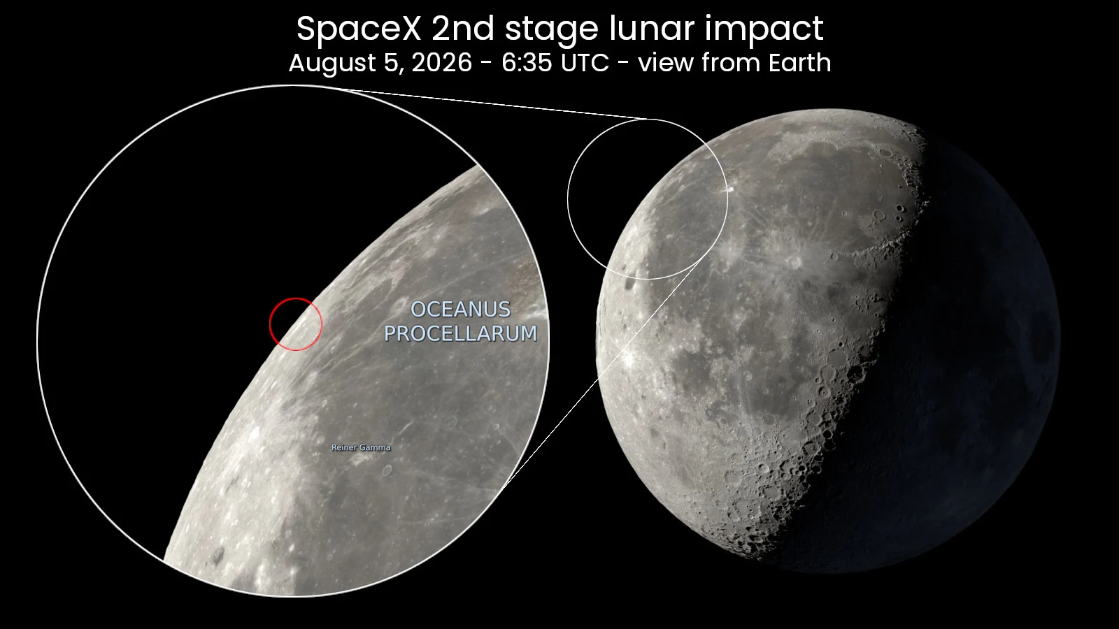 SpaceX 2nd stage lunar impact - view from Earth