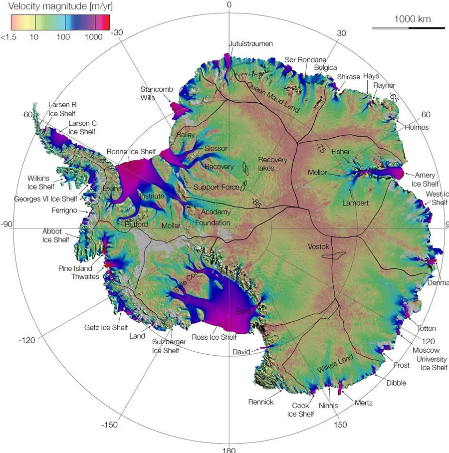 the conversation - A map of Antarctica seen from above, most of it the ice sheet, shows the velocity of the ice flow ice. Thwaites Glacier is on the left. NASA's Goddard Space Flight Center Scientific Visualization Studio