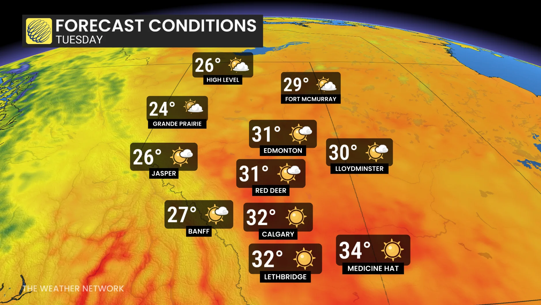 Baron - Alberta temperatures Tuesday - July7