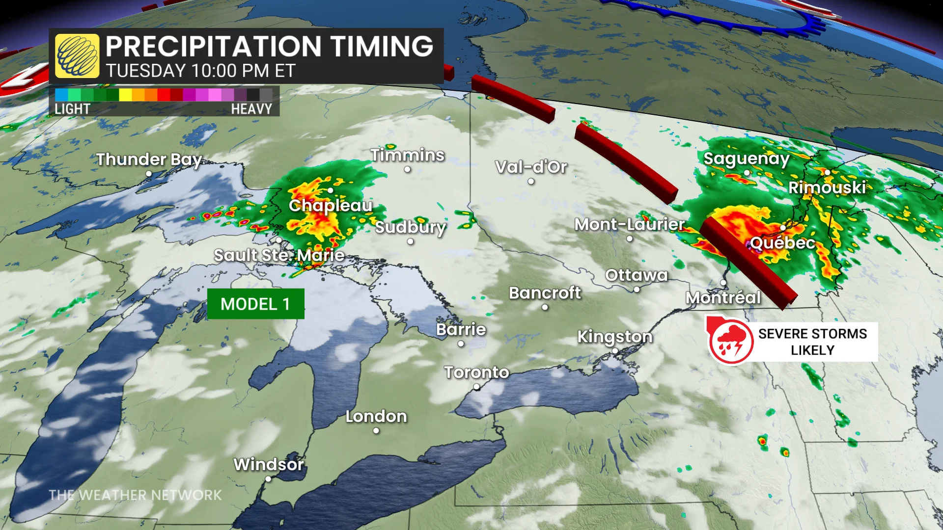 Ontario and Quebec Tuesday night forecast thunderstorms model 1 - June 30, 2026