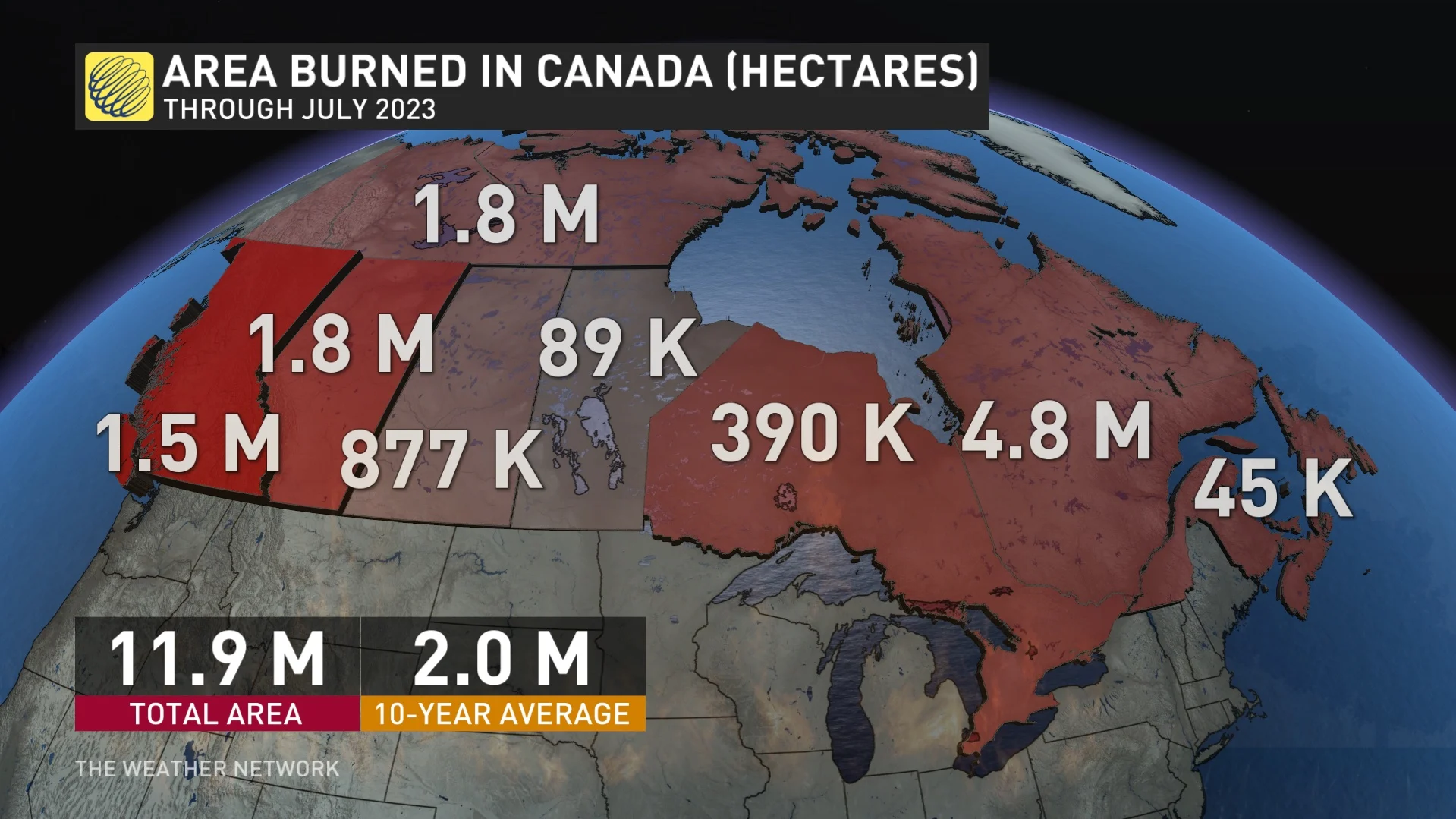 2023 wildfire areas burned in hectares in Canada 