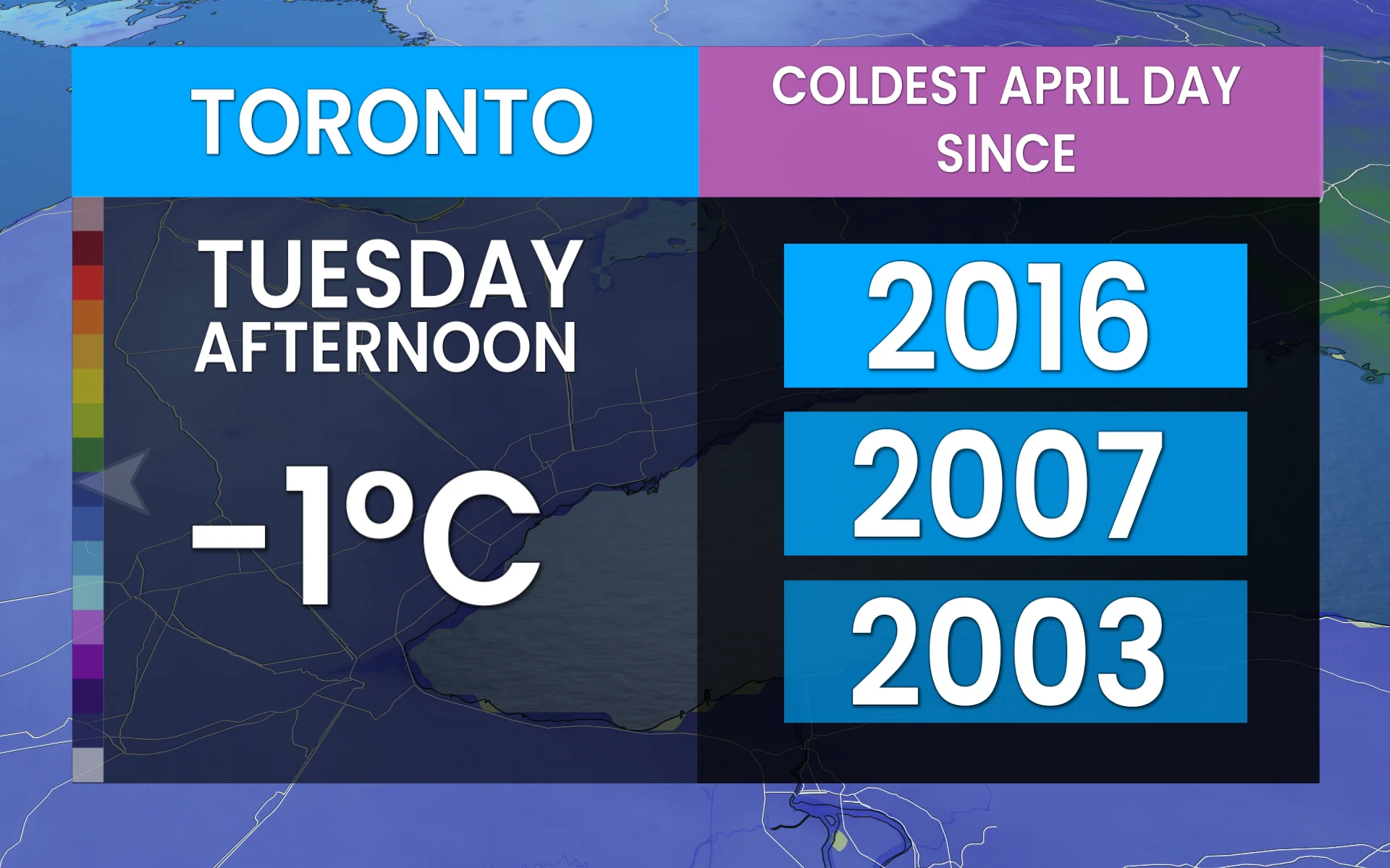 Toronto Tuesday afternoon coldest April day since 2016