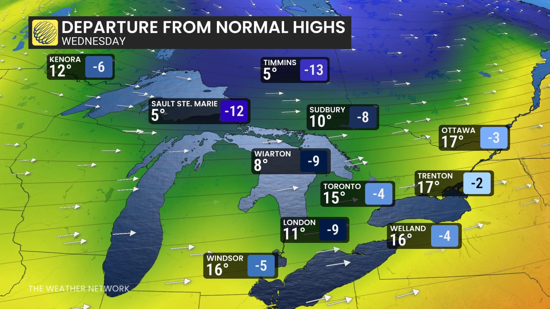 Ontario Wednesday temperatures and icons/departure from normal