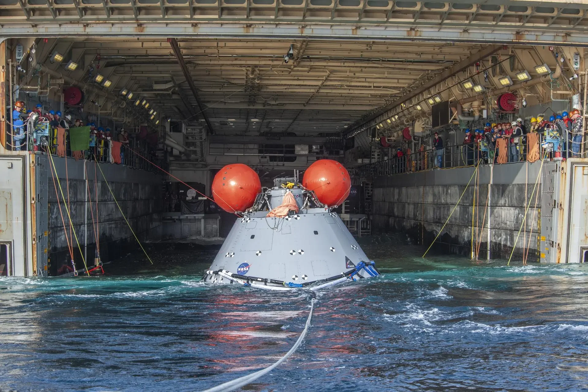 Artemis-1-Mockup-Orion-Capsule-USS-Portland-Well-Deck-NASA
