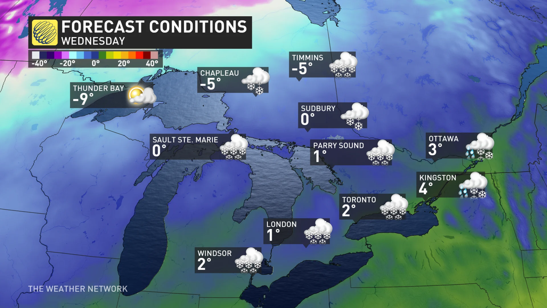 Wednesday Ontario temperatures and icons
