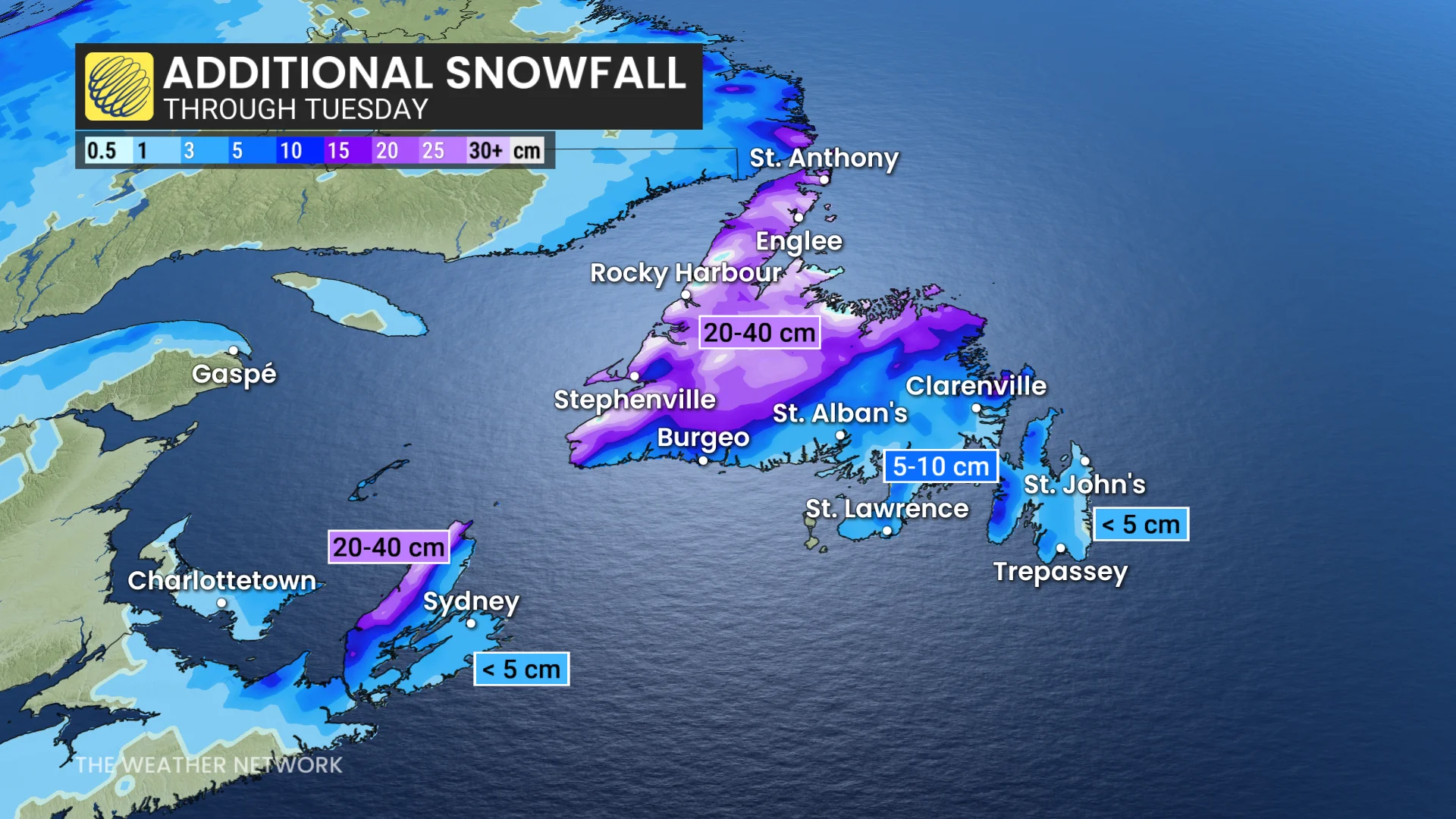 Newfoundland additional snowfall through Tuesday