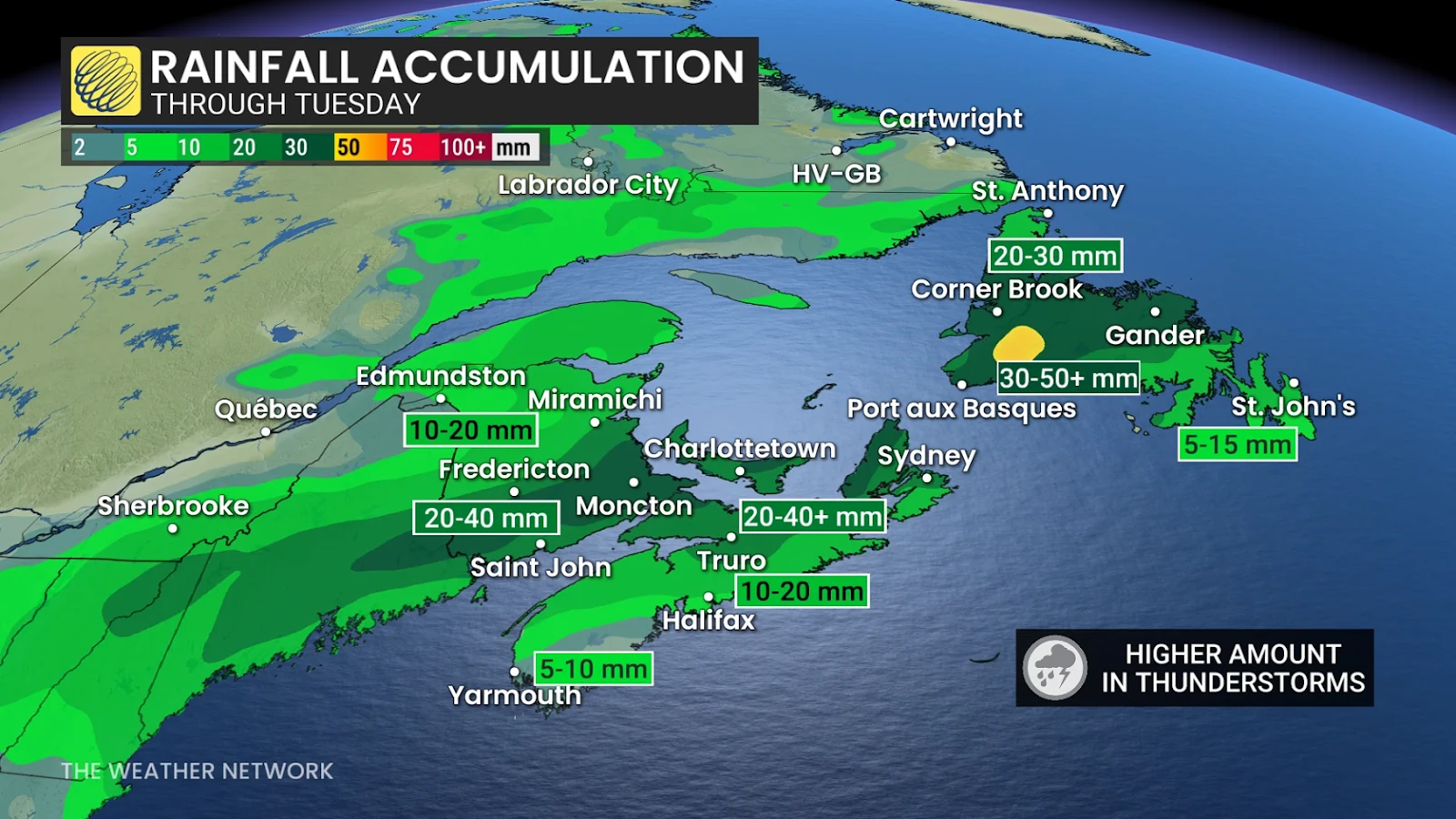 Tuesday, Atlantic, Maritimes, Rain, Rainfall, Wet, Flooding, July 20, 2025. (The Weather Network/Tyler Hamilton)