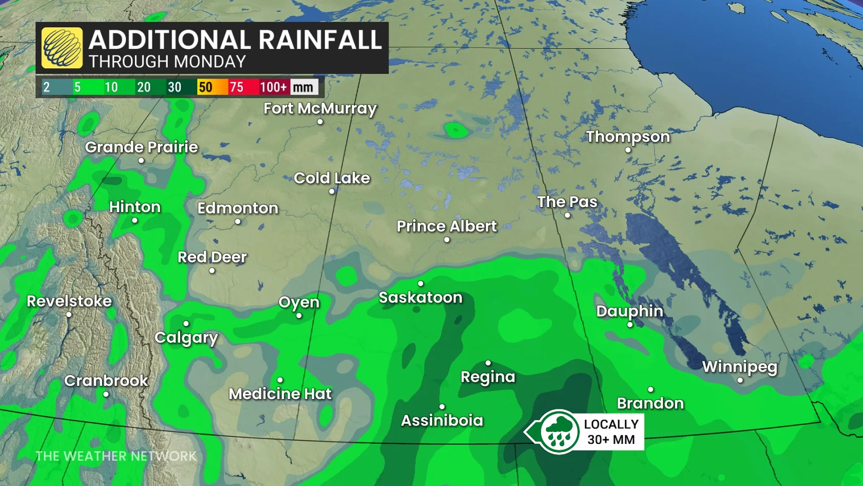 Saskatchewan rainfall through Monday
