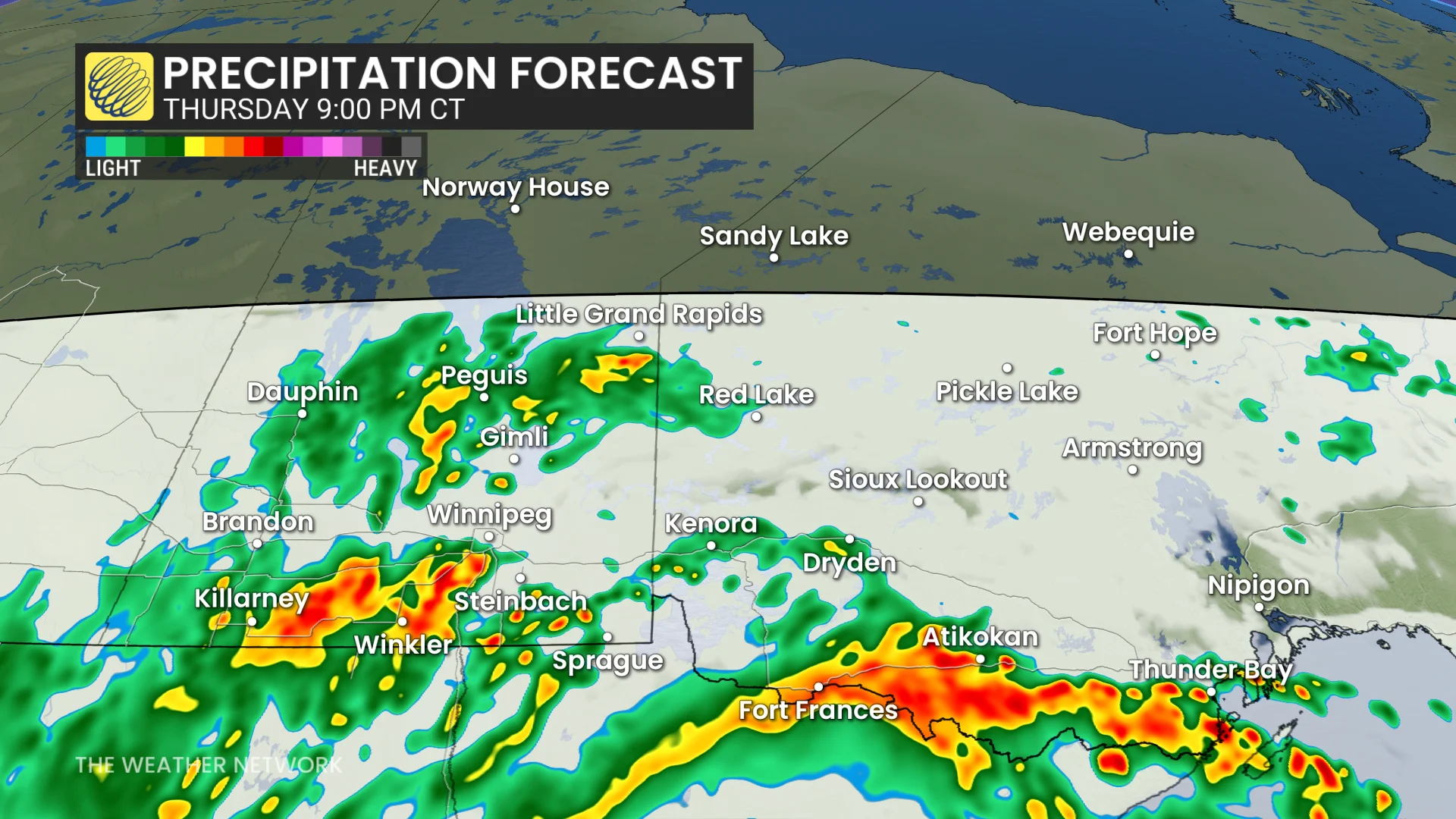 Manitoba/northwestern Ontario Thursday evening precipitation timing forecast